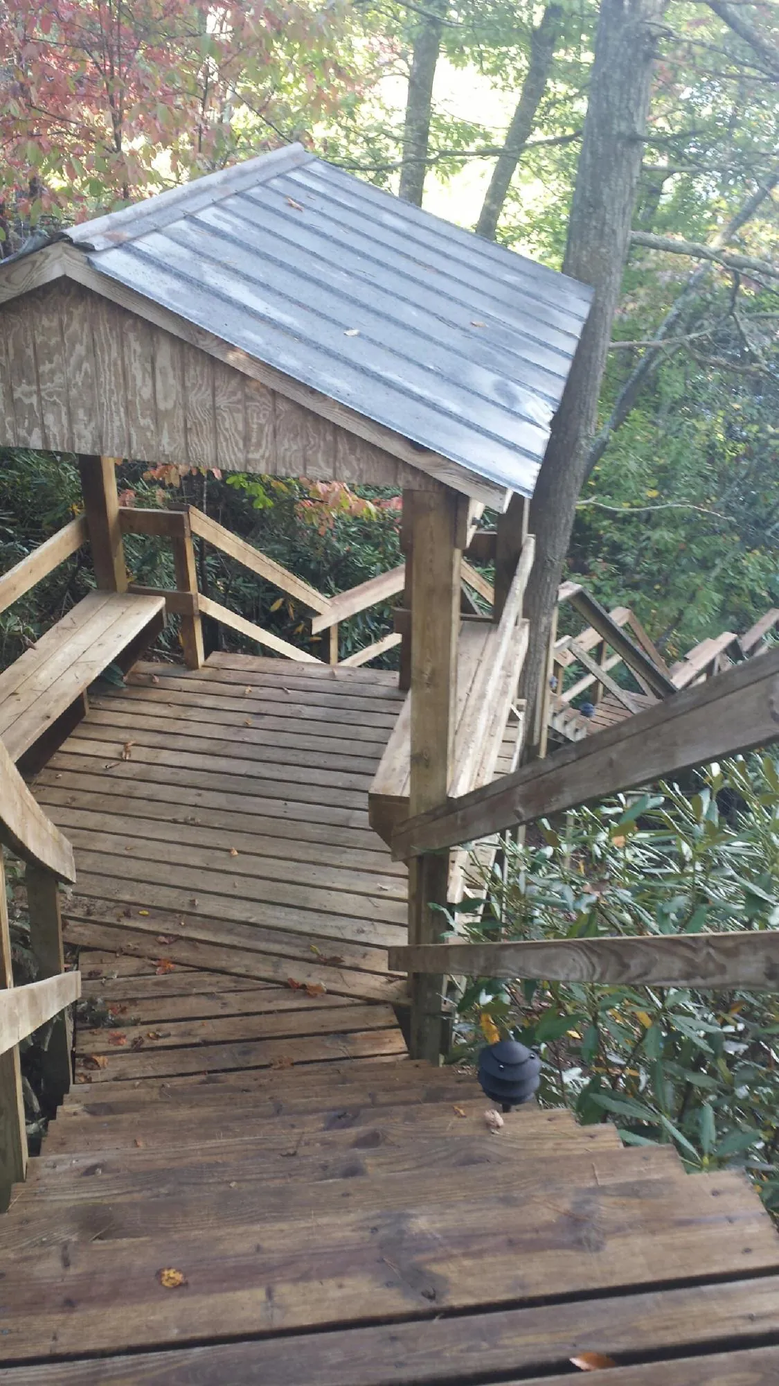 Metal roofed shelter over wooden steps on a wooded walkway — Skylight Repair & Installation work by our crew in Yadkinville